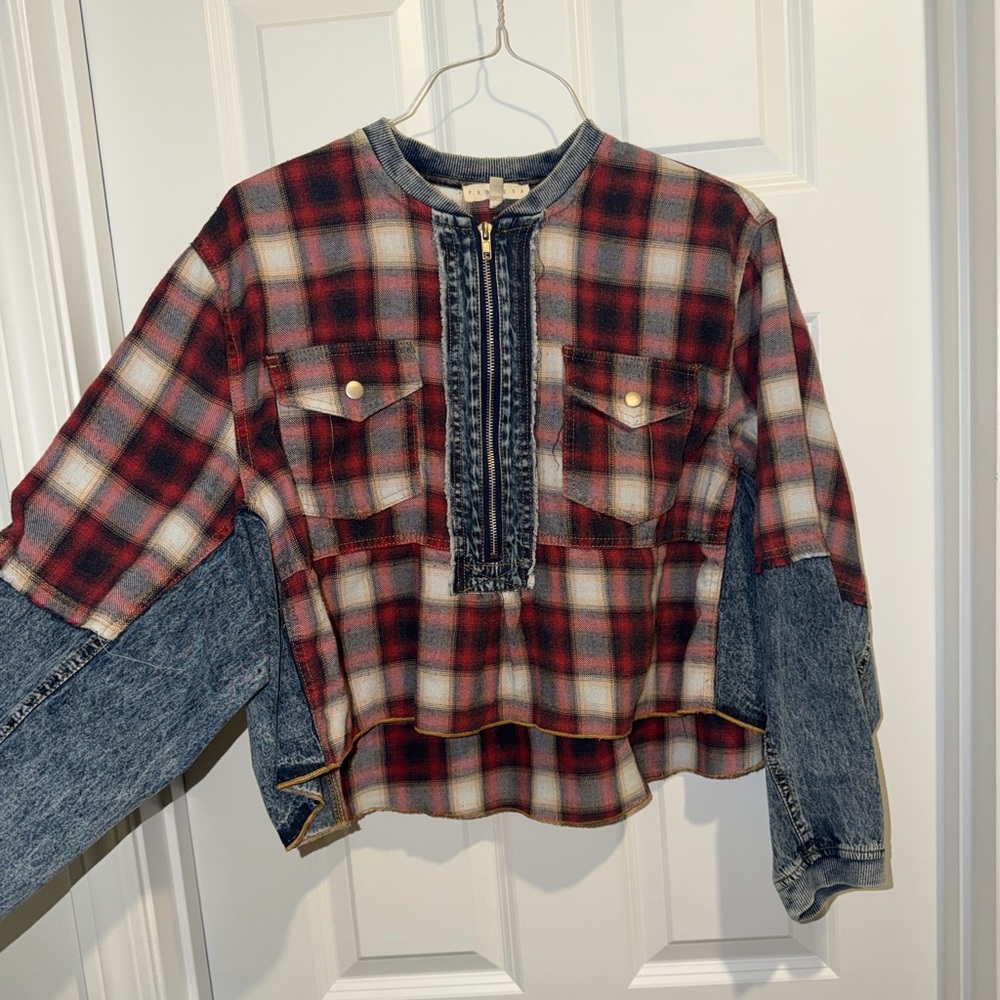 Red Plaid Top with Denim Sleeves